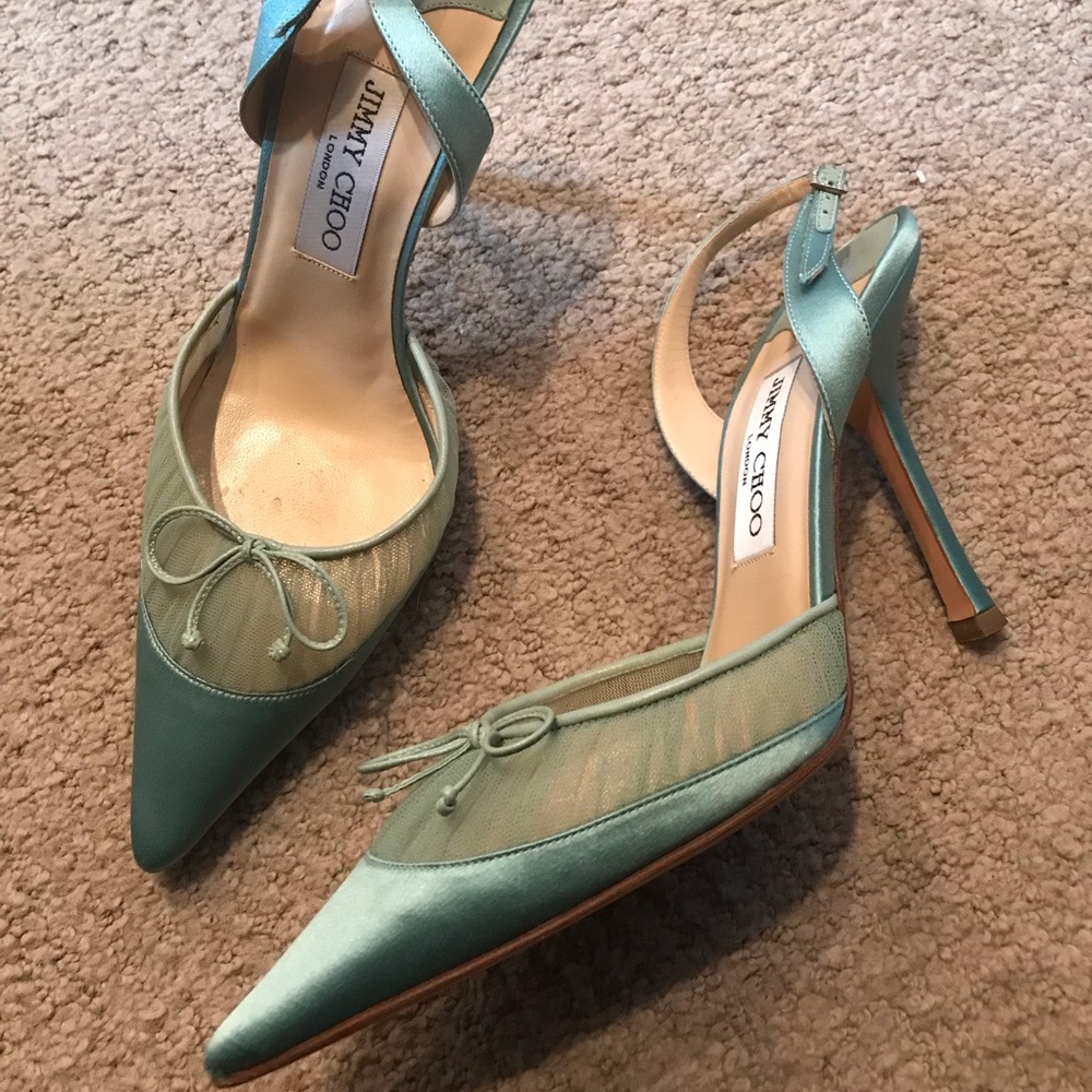 Jimmy Choo light green satin slingback.